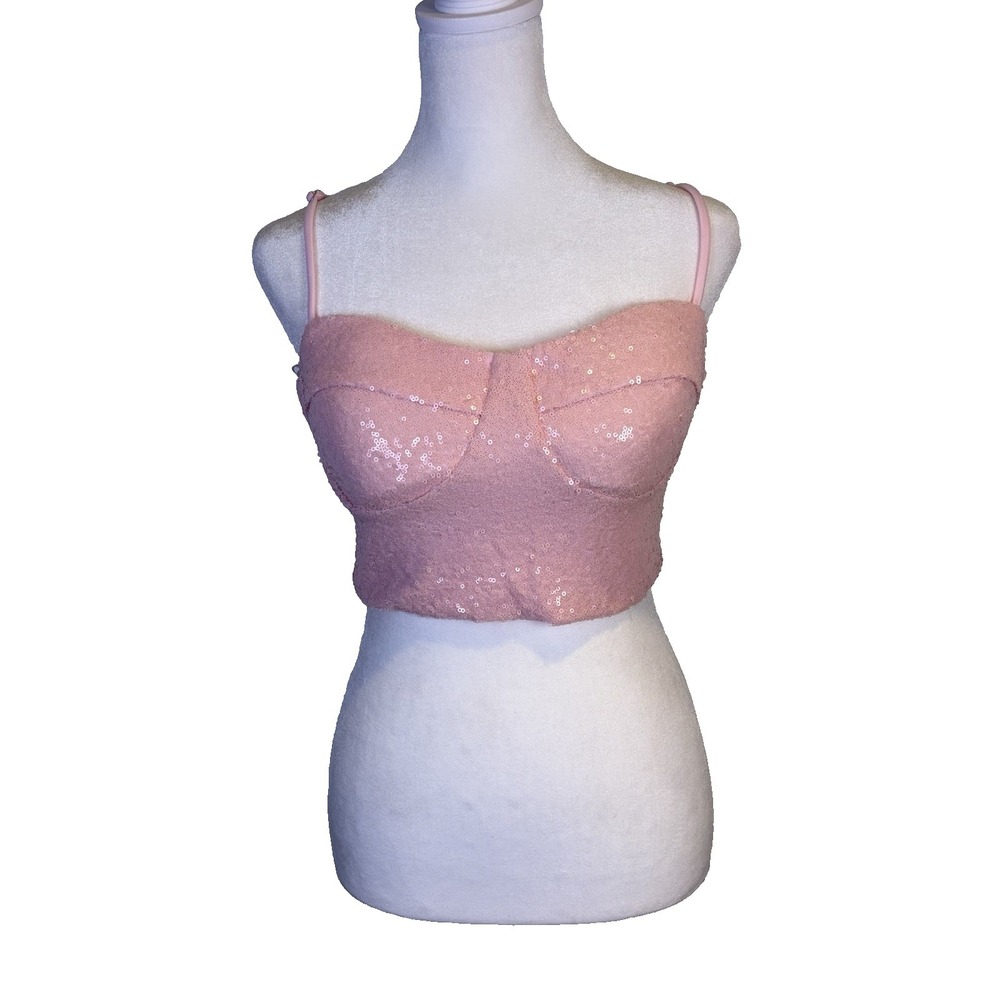 Lovesome Sequin Cropped Woman's Top Size L Pink‎ Glamourous Festival Barbie Core